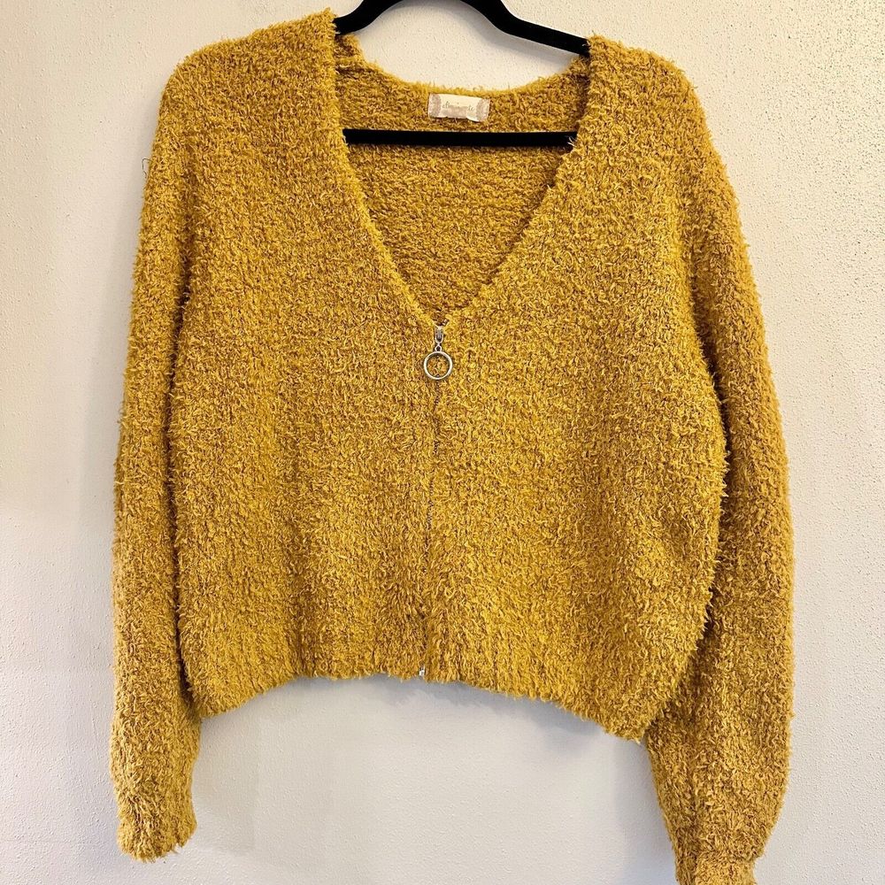 Altar'd State Sweater S Fuzzy‎ Mustard V-Neck Zip  Super Soft